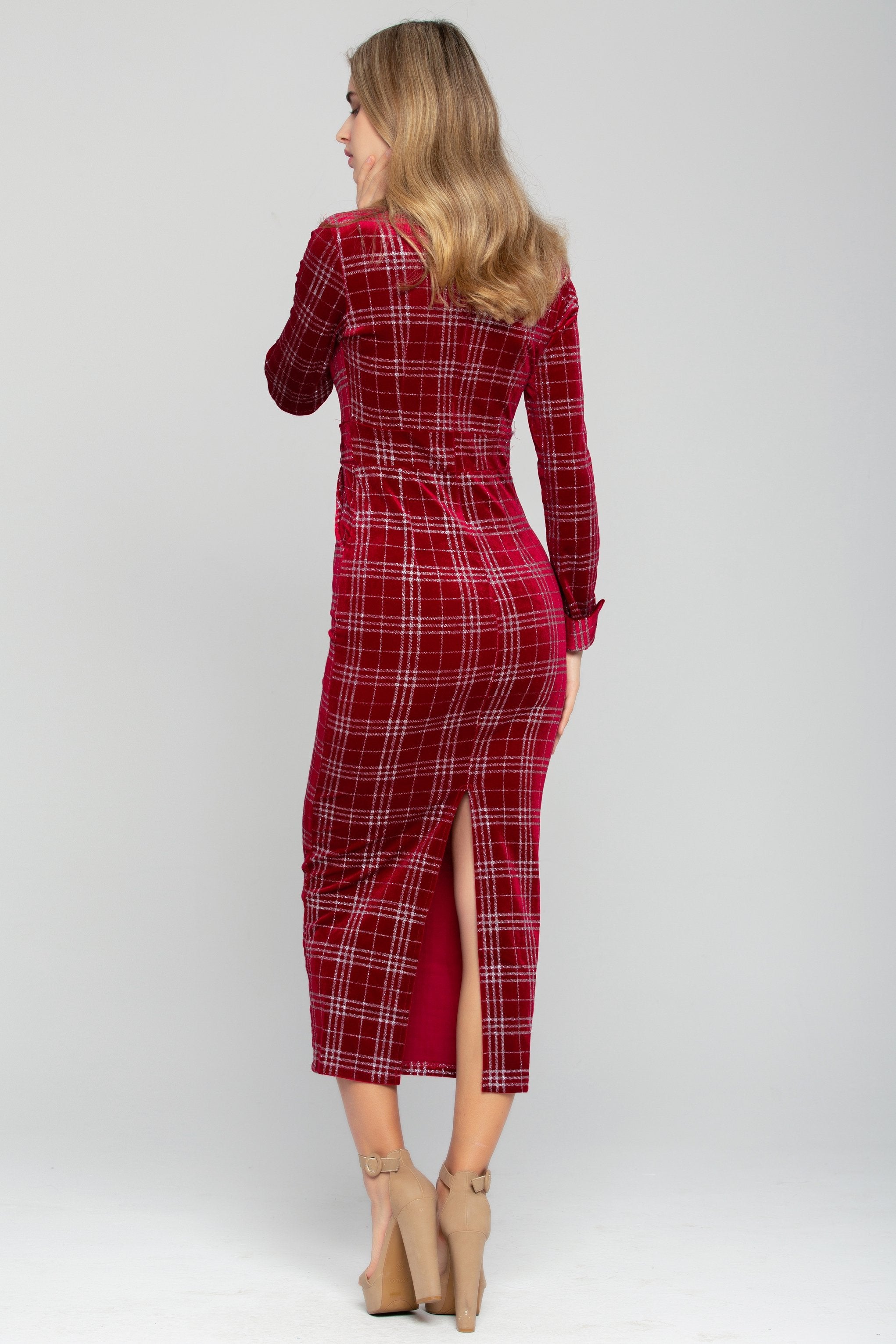 Red and White Tartan Print Belted Midi Dress - ownthelooks-Development Red and White Tartan Print Belted Midi Dress - ownthelooks-Development