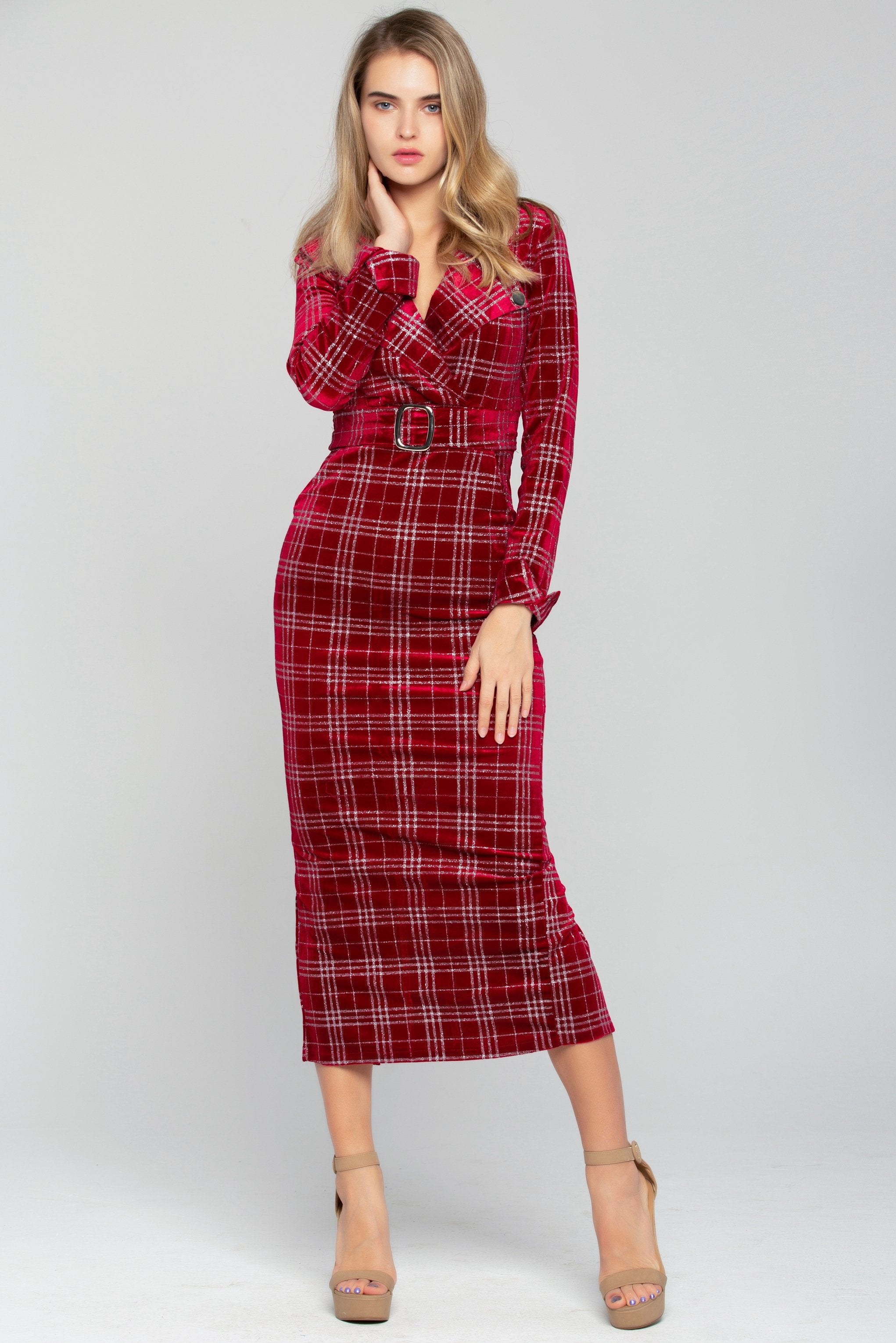 Red and White Tartan Print Belted Midi Dress - ownthelooks-Development Red and White Tartan Print Belted Midi Dress - ownthelooks-Development