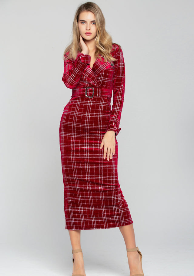 Red and White Tartan Print Belted Midi Dress - ownthelooks-Development