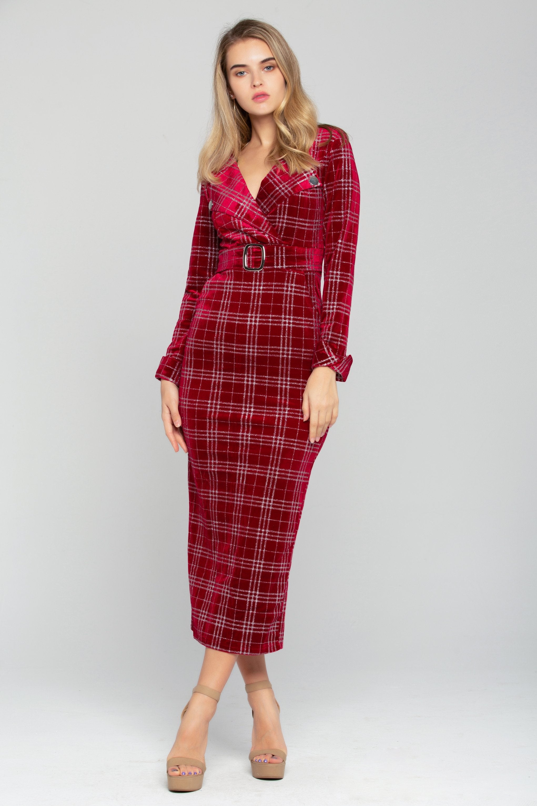 Red and White Tartan Print Belted Midi Dress - ownthelooks-Development Red and White Tartan Print Belted Midi Dress - ownthelooks-Development