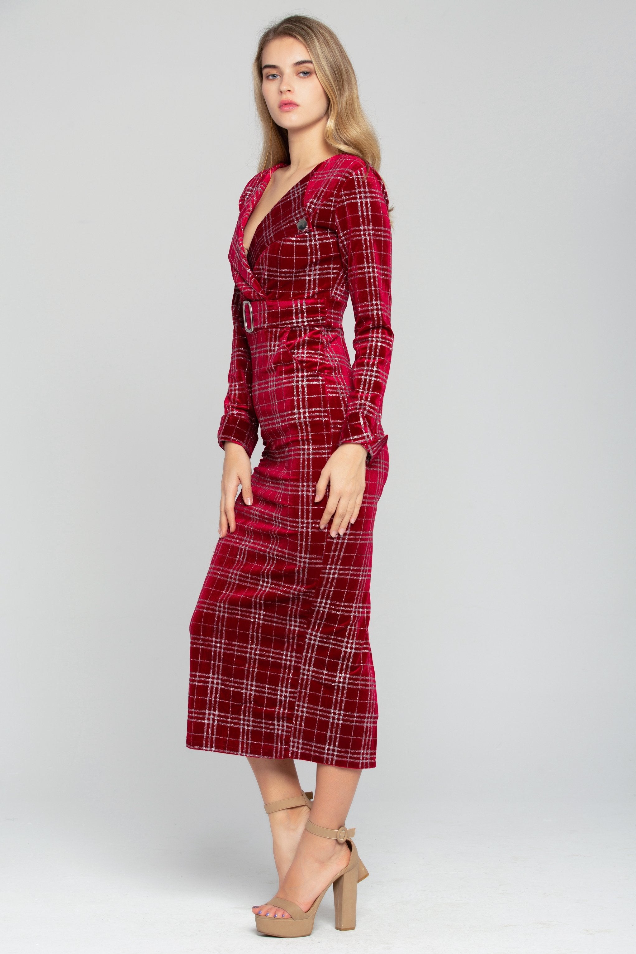 Red and White Tartan Print Belted Midi Dress - ownthelooks-Development Red and White Tartan Print Belted Midi Dress - ownthelooks-Development