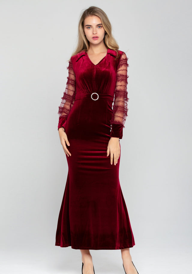 Rich Red Velvet Sheer Ruffle Sleeve Maxi Dress - ownthelooks-Development