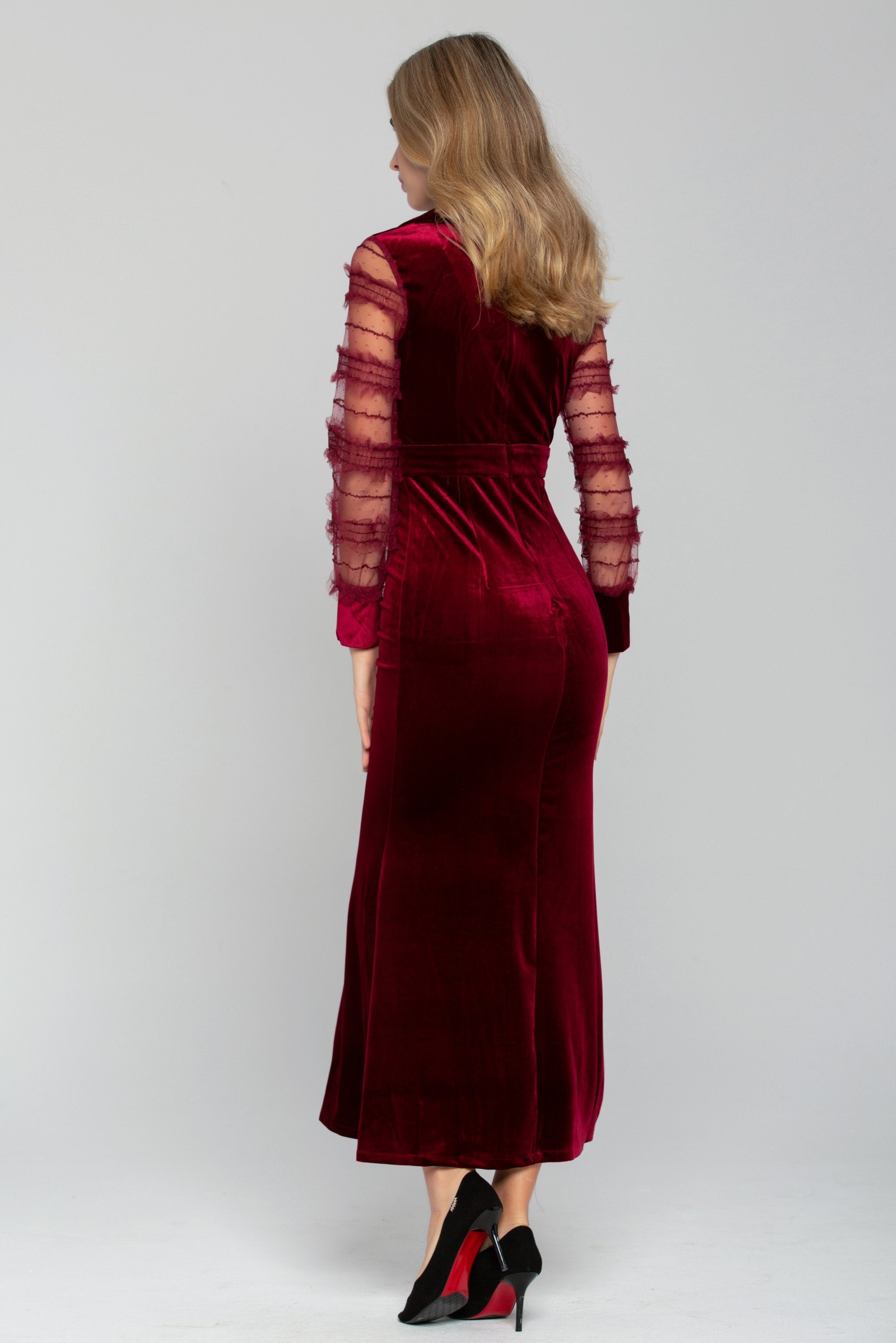 Rich Red Velvet Sheer Ruffle Sleeve Maxi Dress - ownthelooks-Development Rich Red Velvet Sheer Ruffle Sleeve Maxi Dress - ownthelooks-Development