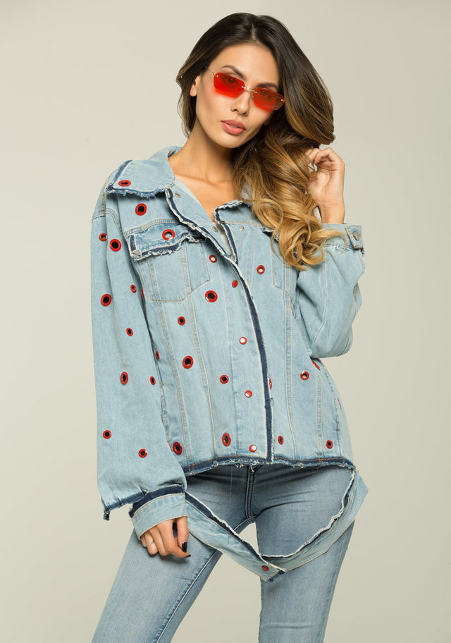 Sky Blue Red Ring Denim Jacket - ownthelooks-Development