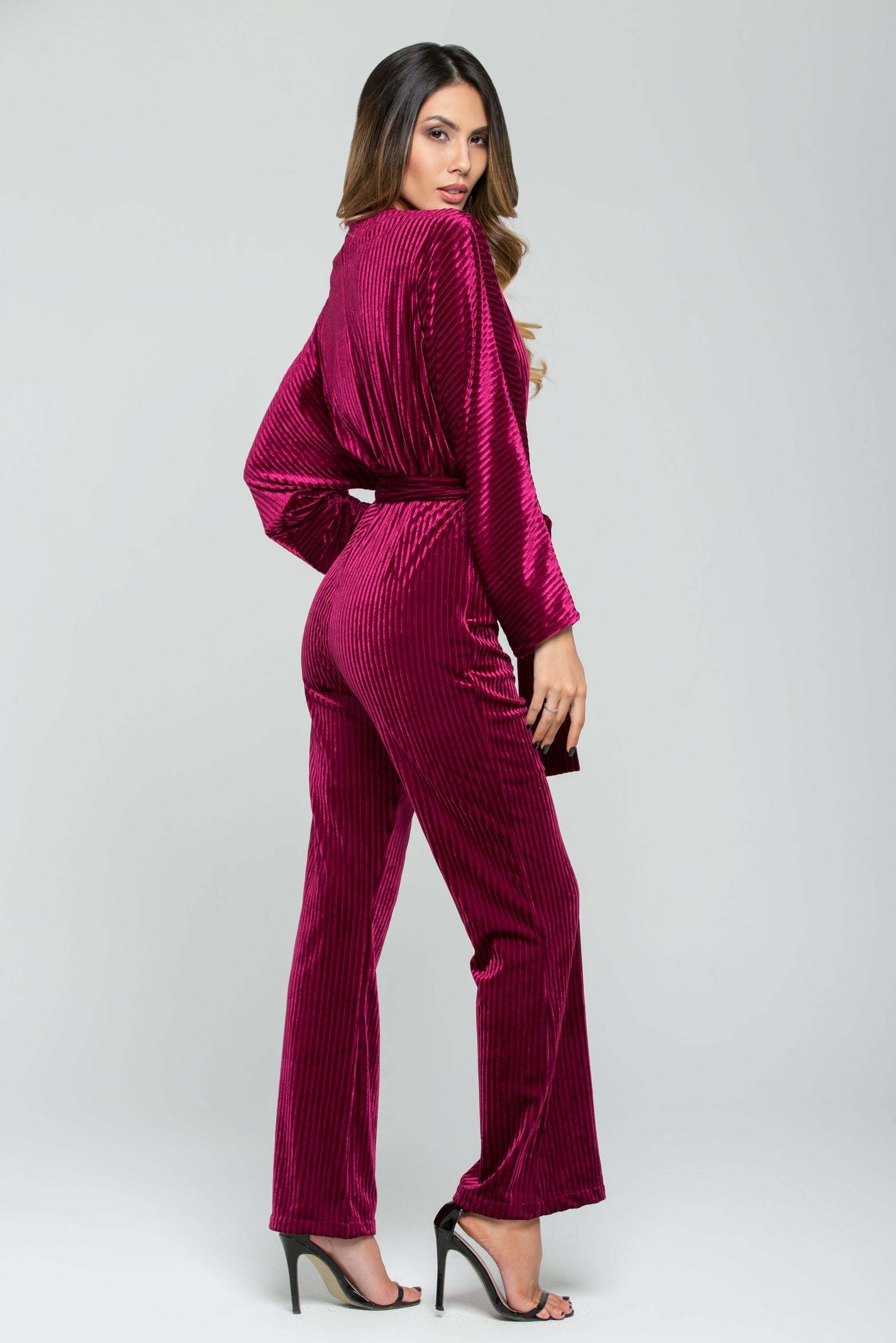 Solid Burgundy Ribbed Velvet Jumpsuit - ownthelooks-Development Solid Burgundy Ribbed Velvet Jumpsuit - ownthelooks-Development