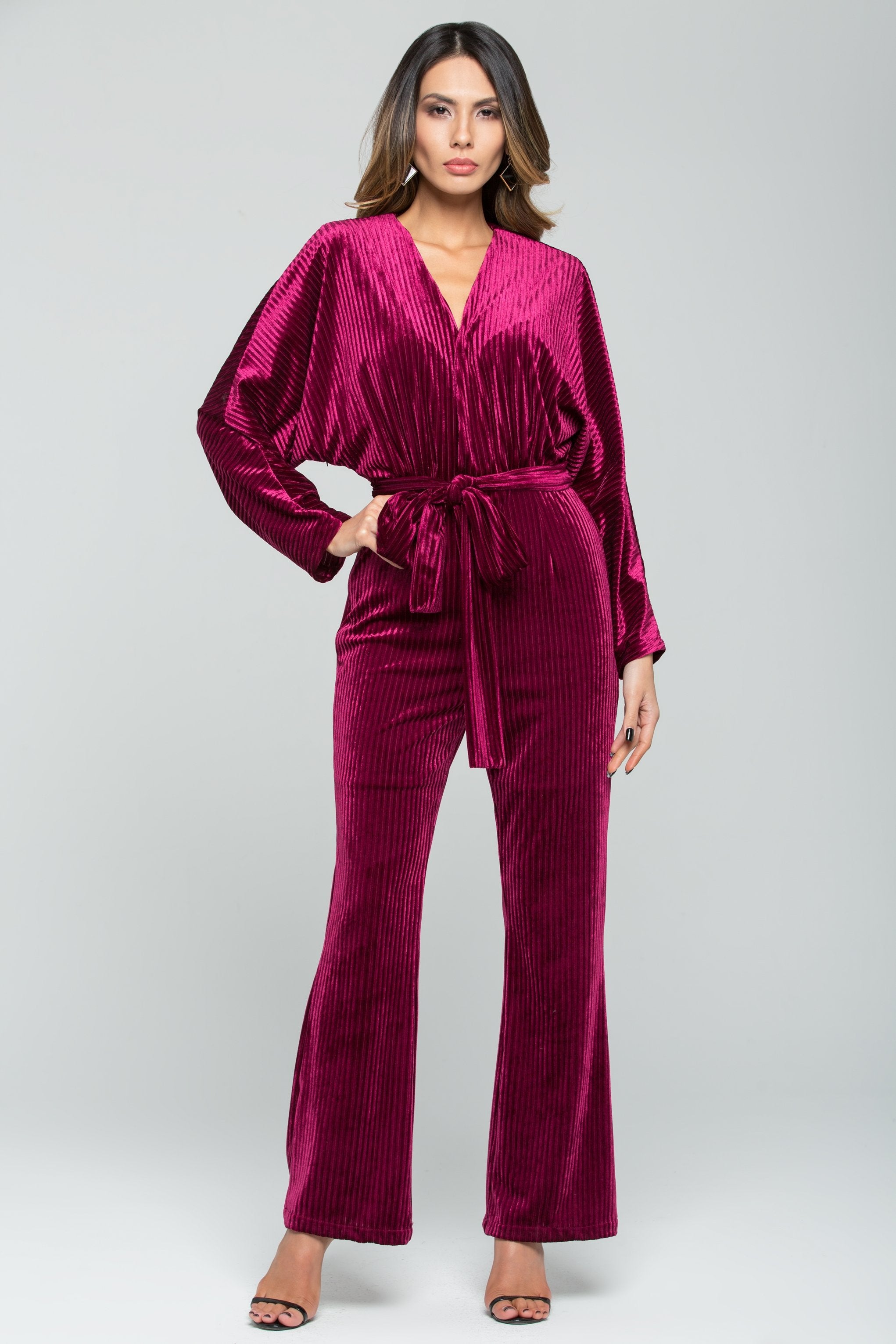 Solid Burgundy Ribbed Velvet Jumpsuit - ownthelooks-Development Solid Burgundy Ribbed Velvet Jumpsuit - ownthelooks-Development