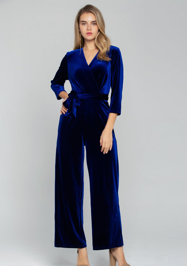 Solid Royal Blue Velvet Jumpsuit - ownthelooks-Development
