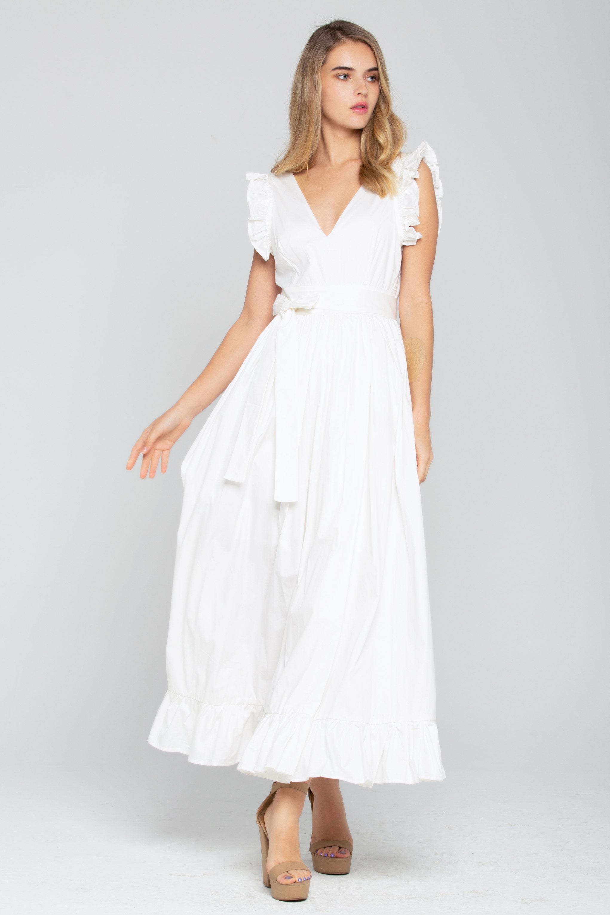 Solid White Ruffled Slit Maxi Dress - ownthelooks-Development Solid White Ruffled Slit Maxi Dress - ownthelooks-Development