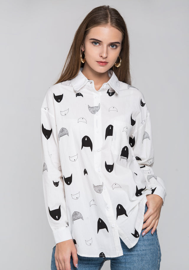 White Cat Print Sleeved Button Up Top - ownthelooks-Development