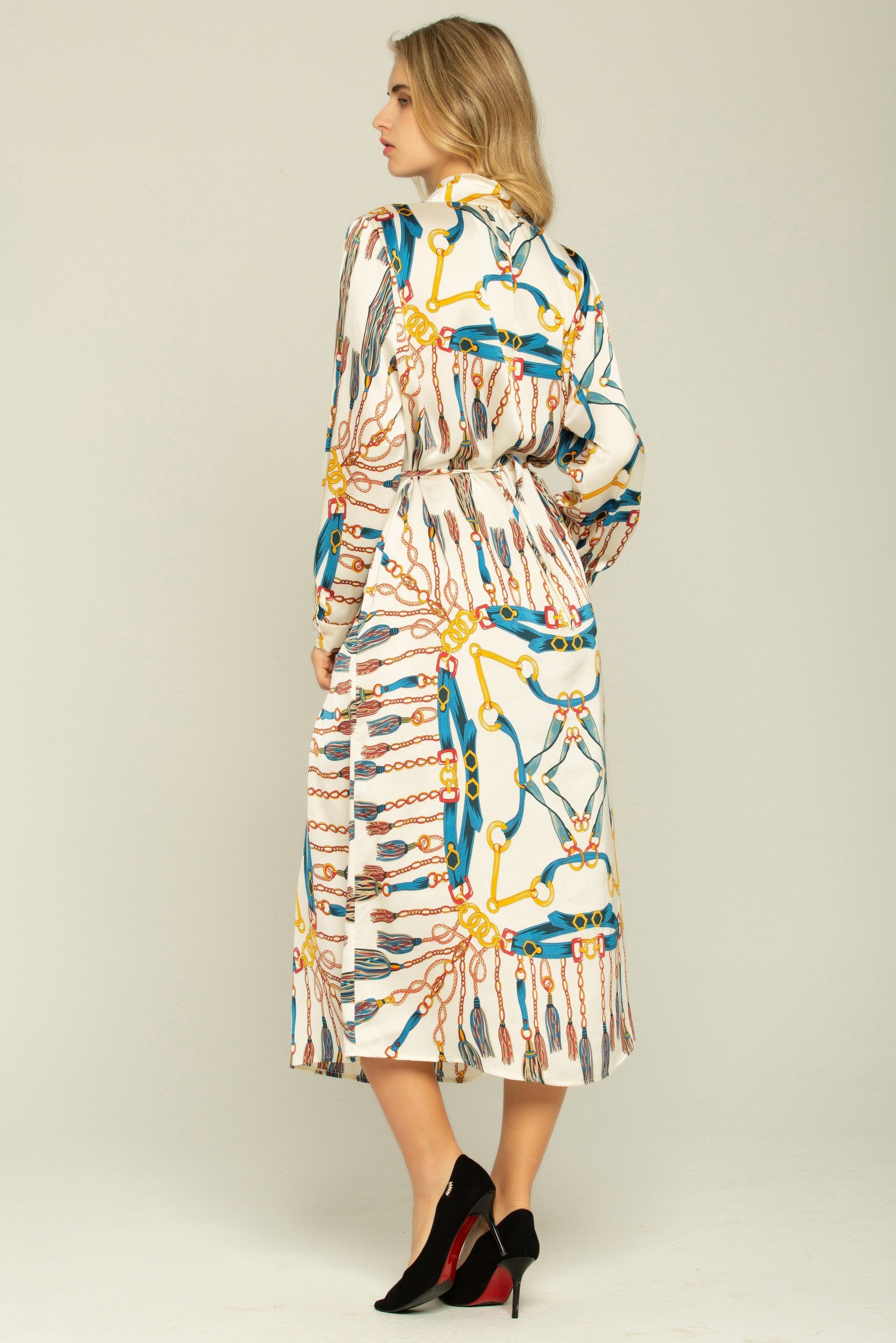 White Chain Pattern Long Sleeves Midi Dress - ownthelooks-Development White Chain Pattern Long Sleeves Midi Dress - ownthelooks-Development