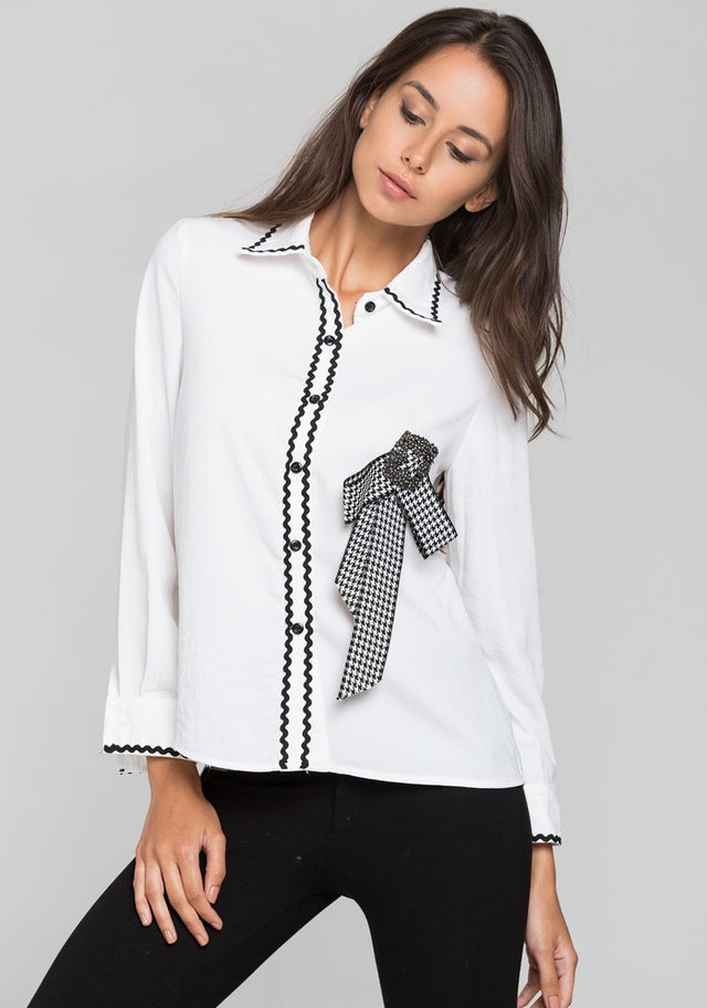 White Check Jewel Bow Long Sleeves Shirt - ownthelooks-Development