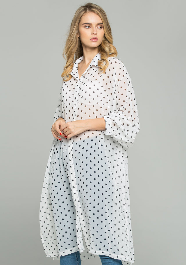 White Chiffon Polka Dot Print Hijab Long Sleeved Shirt - ownthelooks-Development