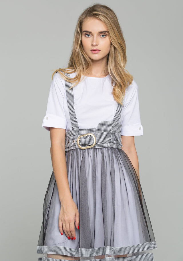 White Cotton Gauntlet Sleeve Shirt and Black Chiffon Gingham Pinafore Belted Skirt Set - ownthelooks-Development