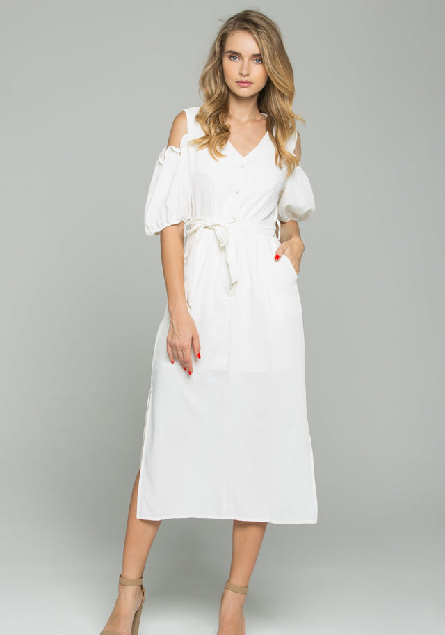 White Cotton V-Neck Cold Shoulder Cinched Midi Dress - ownthelooks-Development