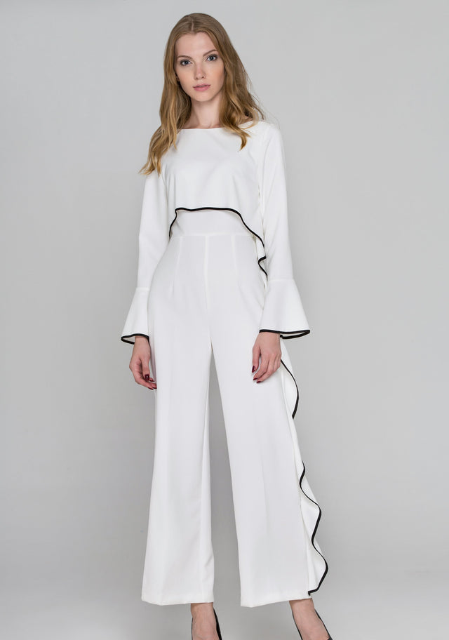 White Flare Sleeve Cascade Ruffle Jumpsuit - ownthelooks-Development