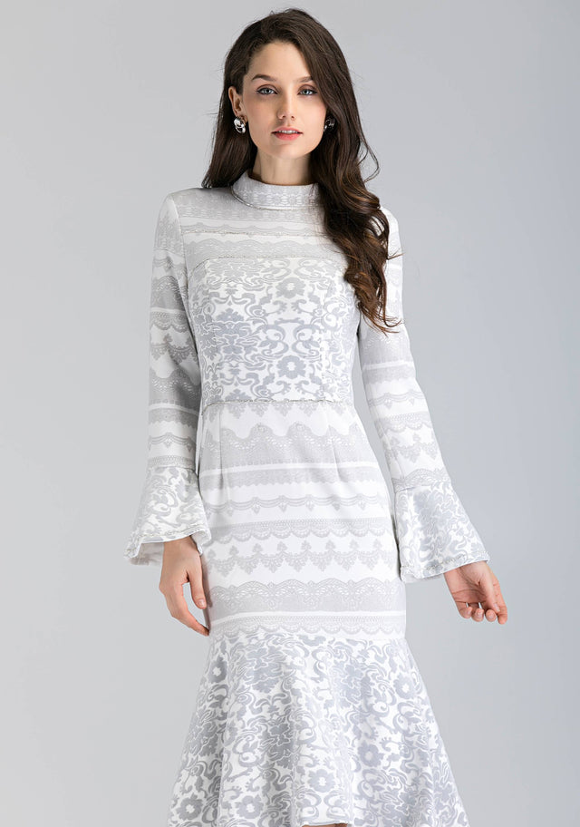 White Fleurdelis Trumpet Midi Dress - ownthelooks-Development