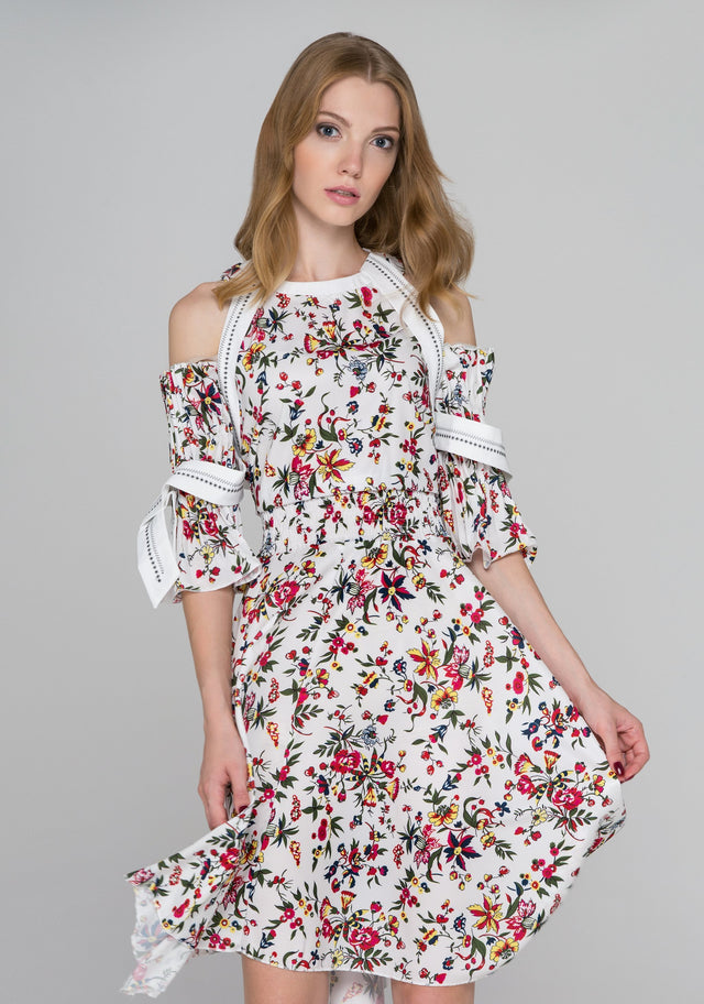 White Floral Print Pleated Sleeves Cold Shoulder Midi Dress - ownthelooks-Development