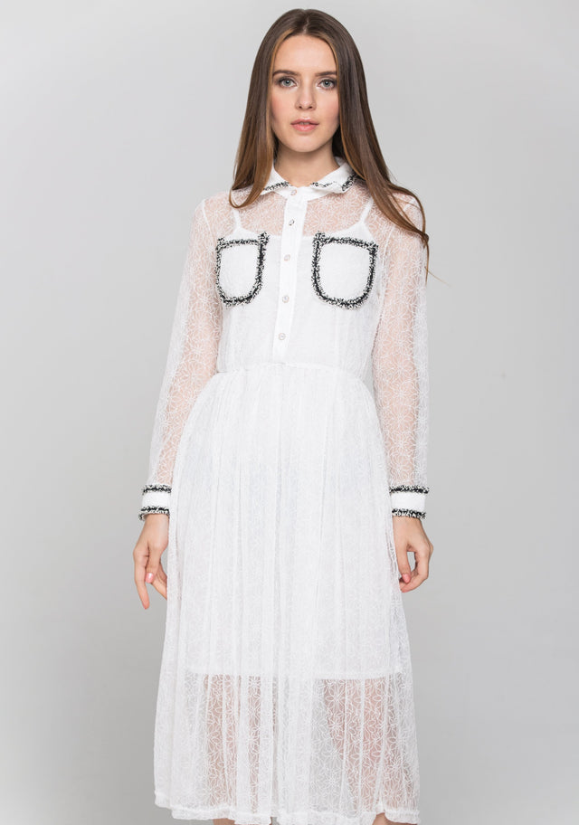 White Floral Sheer Sleeved Midi Dress - ownthelooks-Development