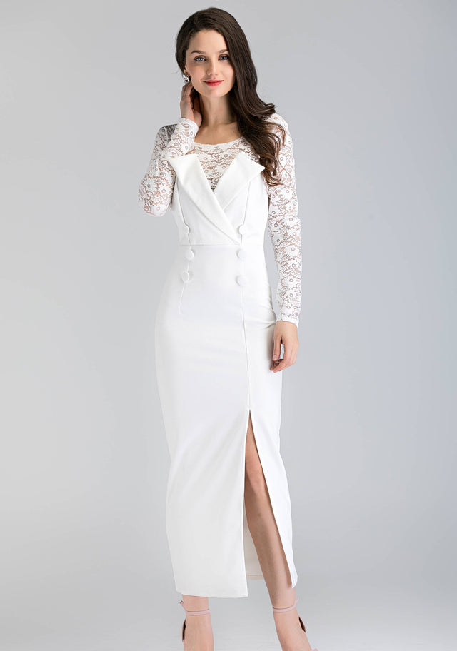 White Lace Sleeve Double Button Maxi Dress - ownthelooks-Development
