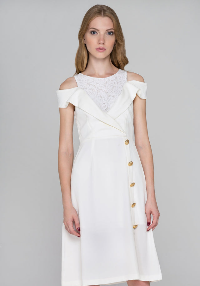 White Lapel Lace Cold Shoulder Midi Dress - ownthelooks-Development