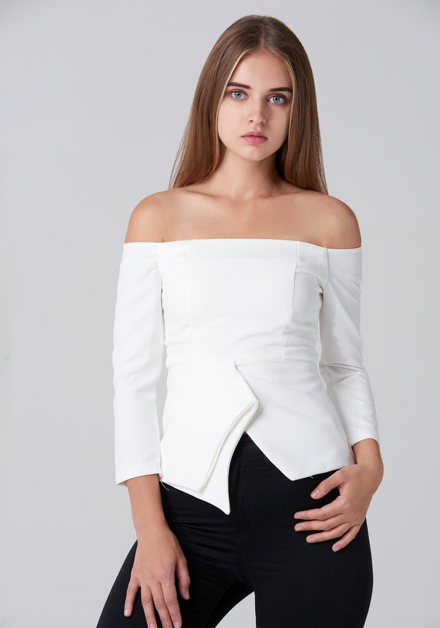 White Off Shoulder Flare Hem Top - ownthelooks-Development