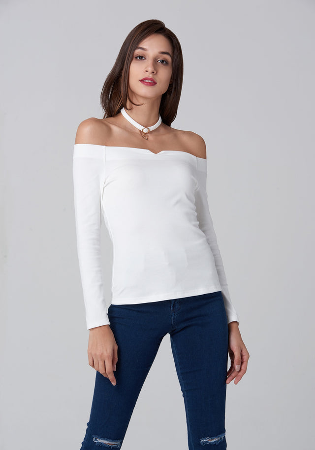 White Off the Shoulder Prism Choker Top - ownthelooks-Development