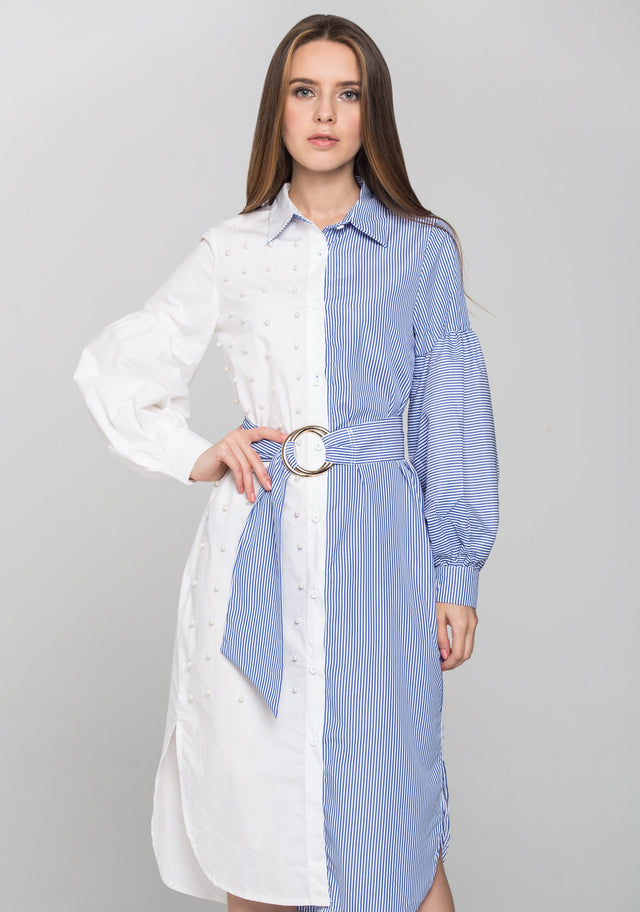 White Pearl Detail and Blue Candy Stripe Contrast Midi Dress - ownthelooks-Development