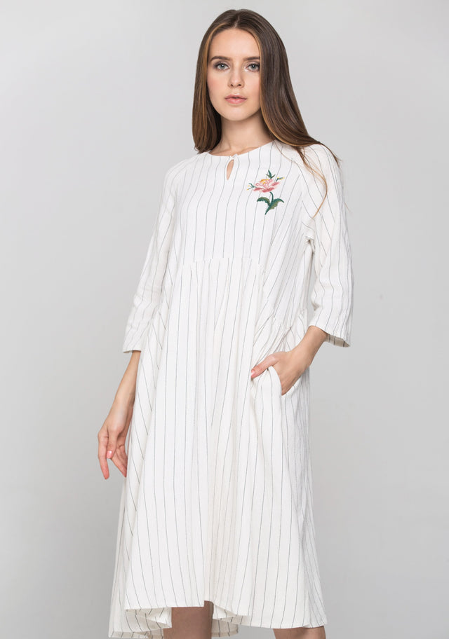 White Pin Stripe Sleveed Key Hole Midi Dress - ownthelooks-Development