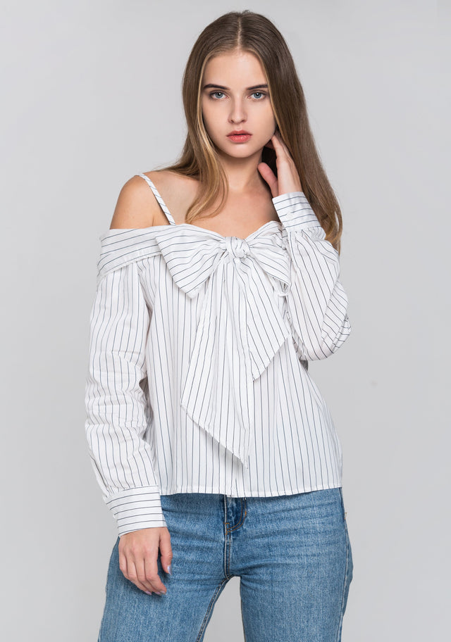 White Pin Stripes Cold Shoulder Tie Bandeau Top - ownthelooks-Development