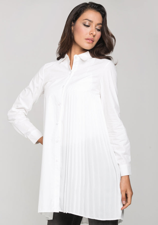 White Pleated Panel Shirt Dress - ownthelooks-Development