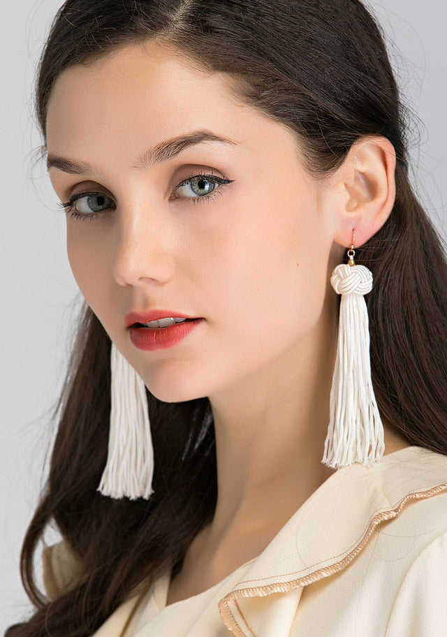 White Round Knot Tassel Earrings - ownthelooks-Development