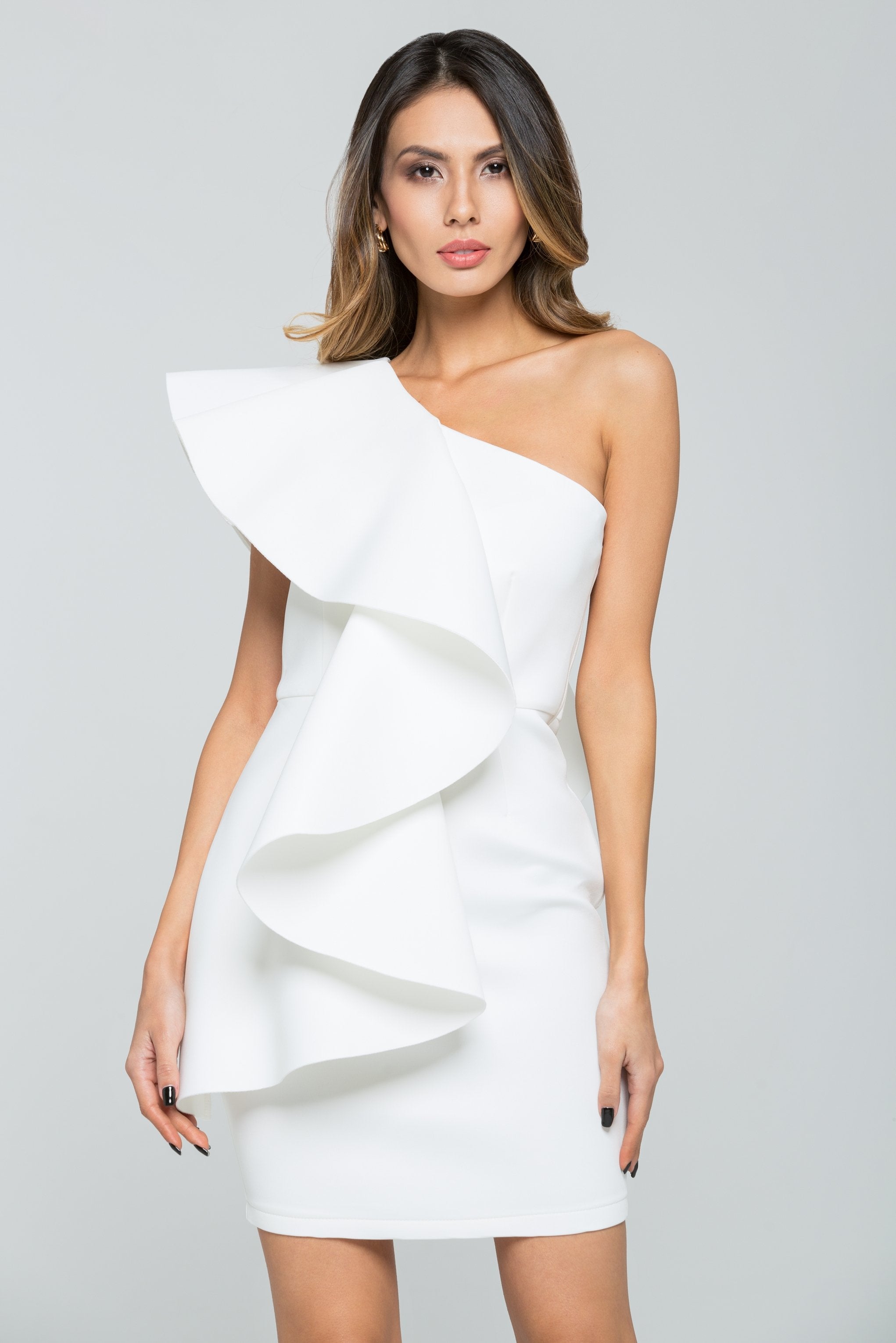 White Ruffled One-shoulder Mini Dress - ownthelooks-Development White Ruffled One-shoulder Mini Dress - ownthelooks-Development
