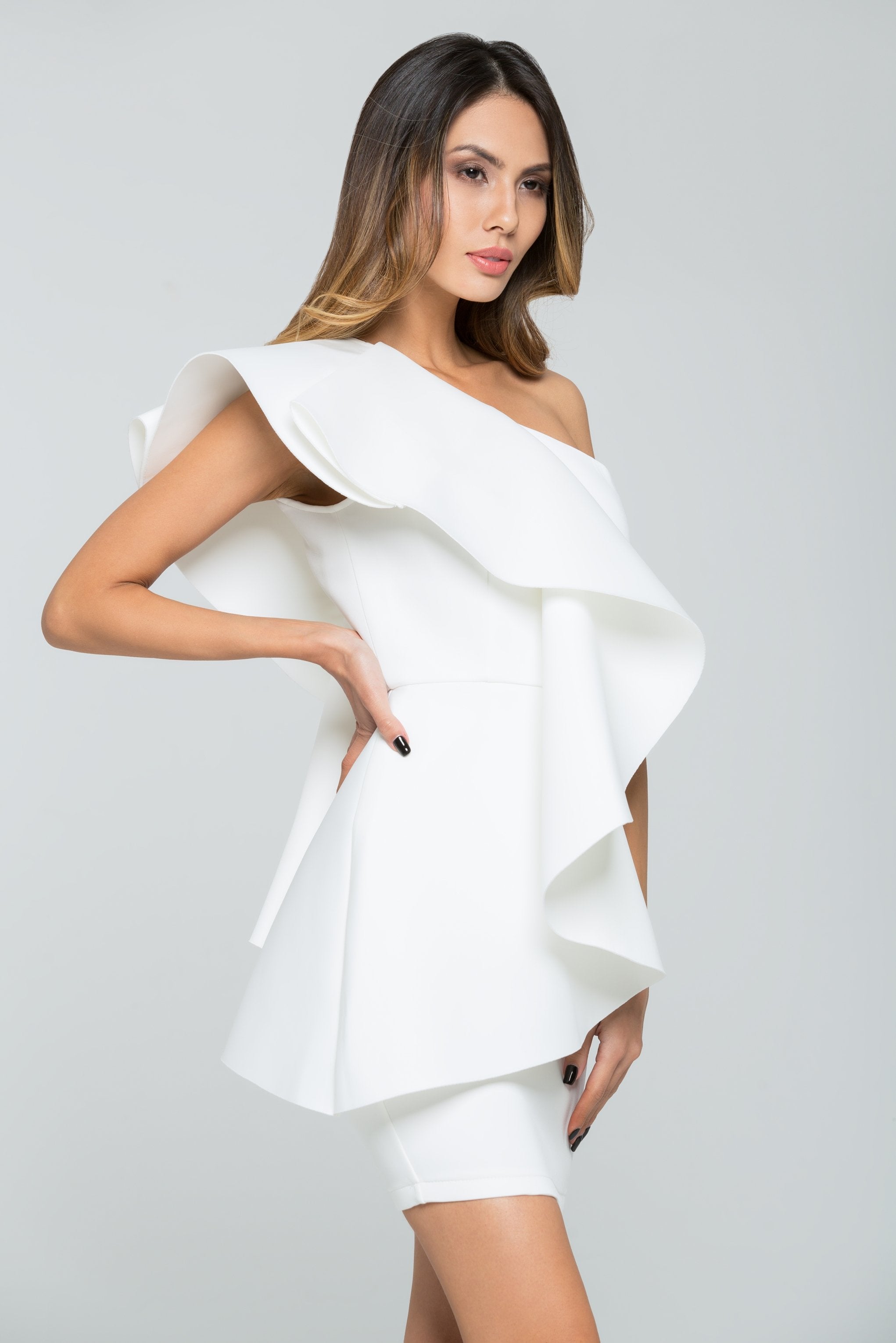 White Ruffled One-shoulder Mini Dress - ownthelooks-Development White Ruffled One-shoulder Mini Dress - ownthelooks-Development