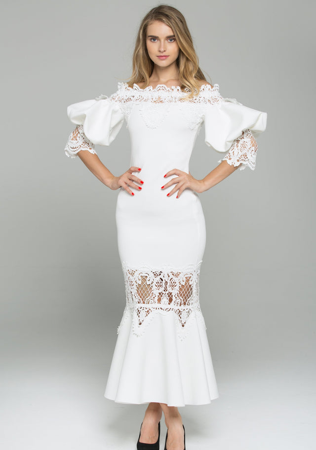 White Satin Off-The-Shoulder Puff Sleeved Lace Detail Midi Dress - ownthelooks-Development