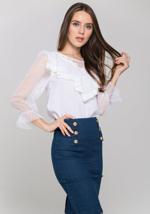 White Sheer Sleeves Gabot Top and Denim Skirt - ownthelooks-Development