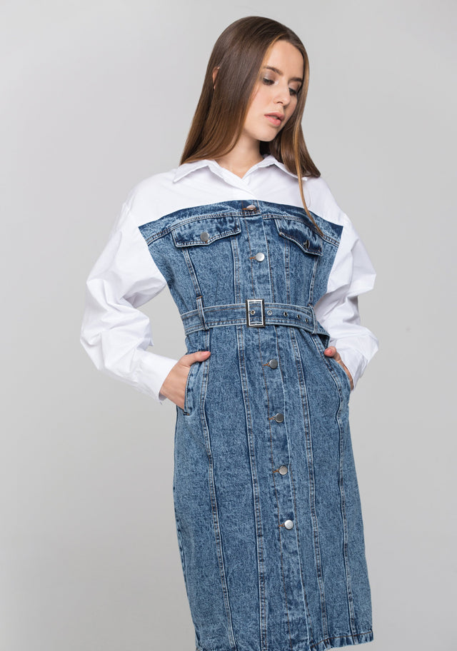 White Shirt Panel Button Up Denim Midi Dress - ownthelooks-Development