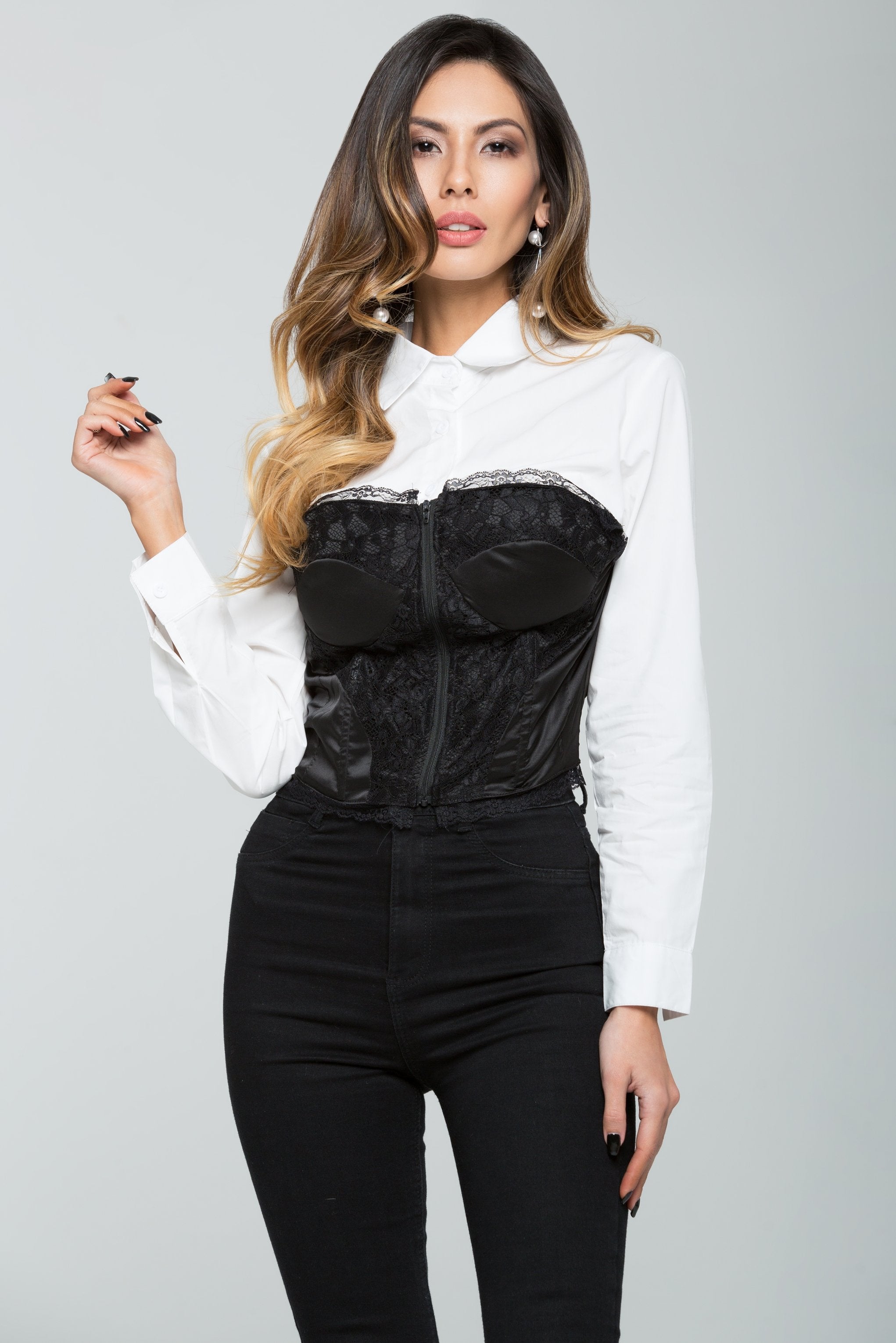 White Shirt with Black Sweetheart Neck Lace Top - ownthelooks-Development White Shirt with Black Sweetheart Neck Lace Top - ownthelooks-Development