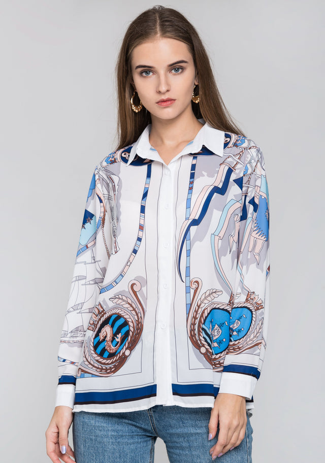 White Silk Scarf Nautical Print Top - ownthelooks-Development