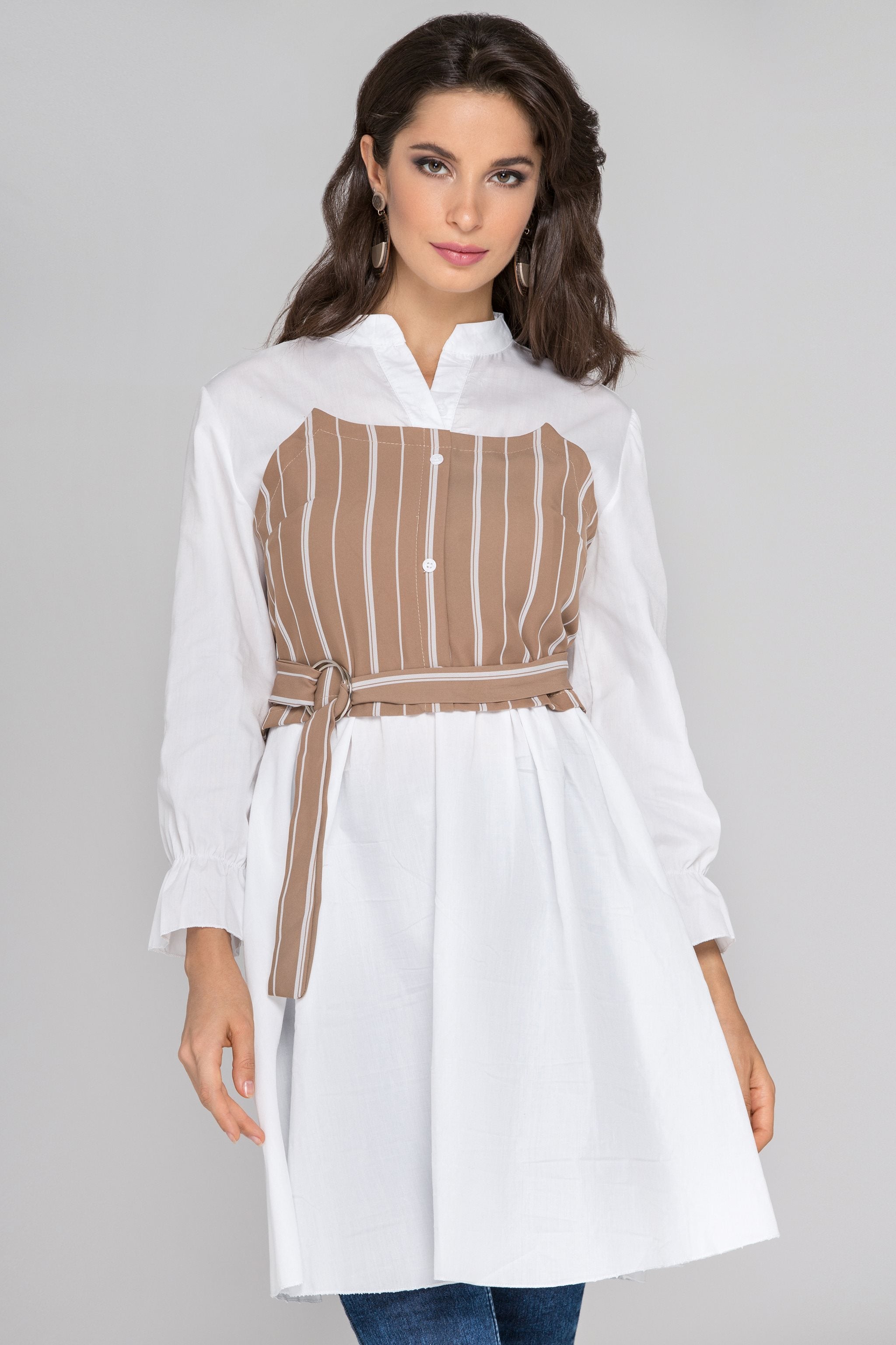 White Sleeved Mocha Pinstripe Panel Midi Dress - ownthelooks-Development White Sleeved Mocha Pinstripe Panel Midi Dress - ownthelooks-Development