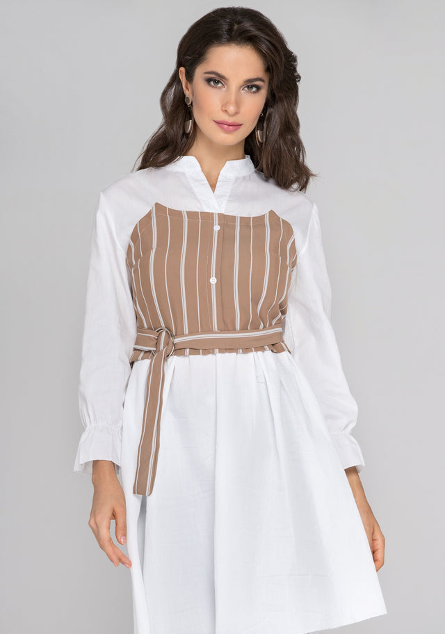 White Sleeved Mocha Pinstripe Panel Midi Dress - ownthelooks-Development