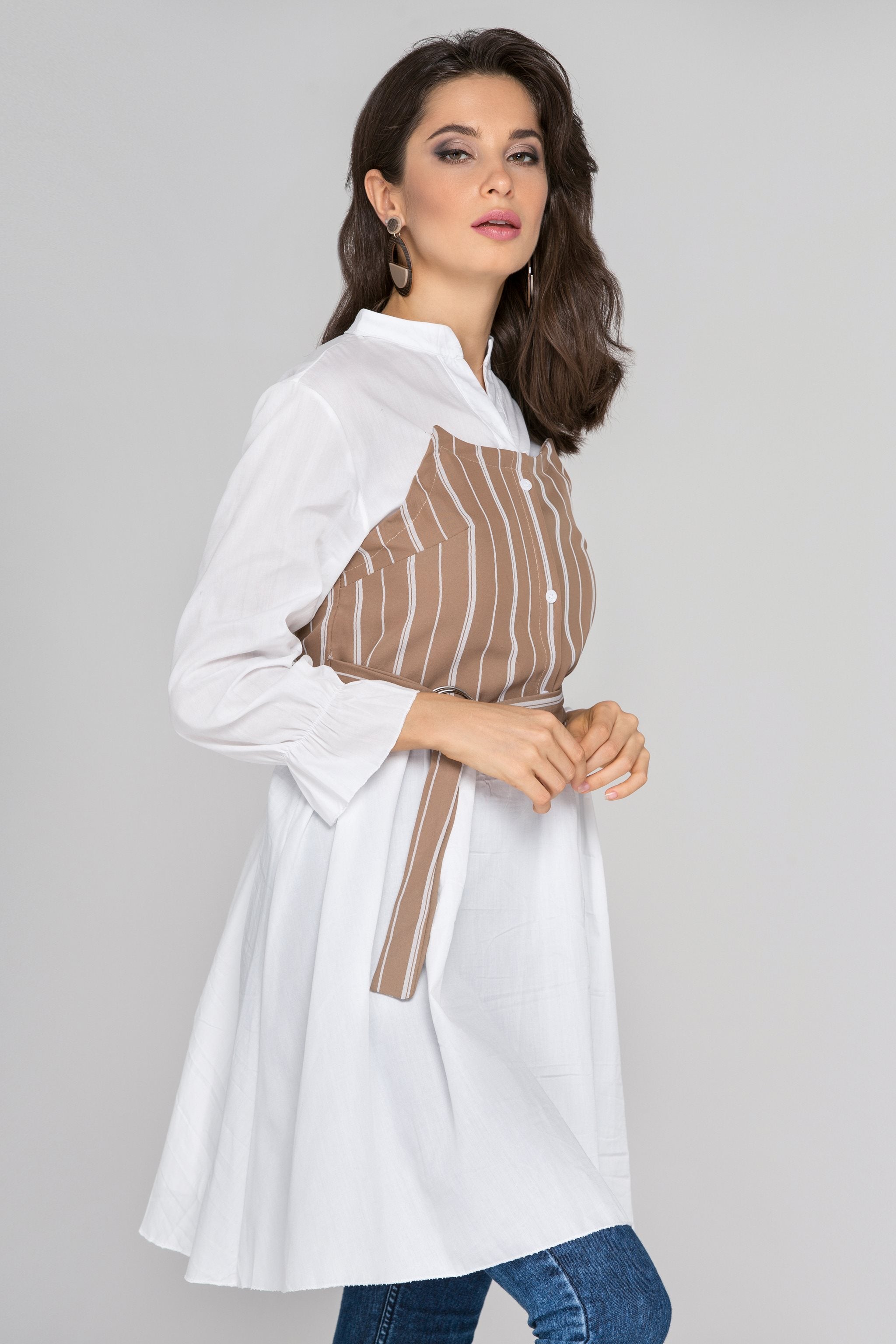 White Sleeved Mocha Pinstripe Panel Midi Dress - ownthelooks-Development White Sleeved Mocha Pinstripe Panel Midi Dress - ownthelooks-Development