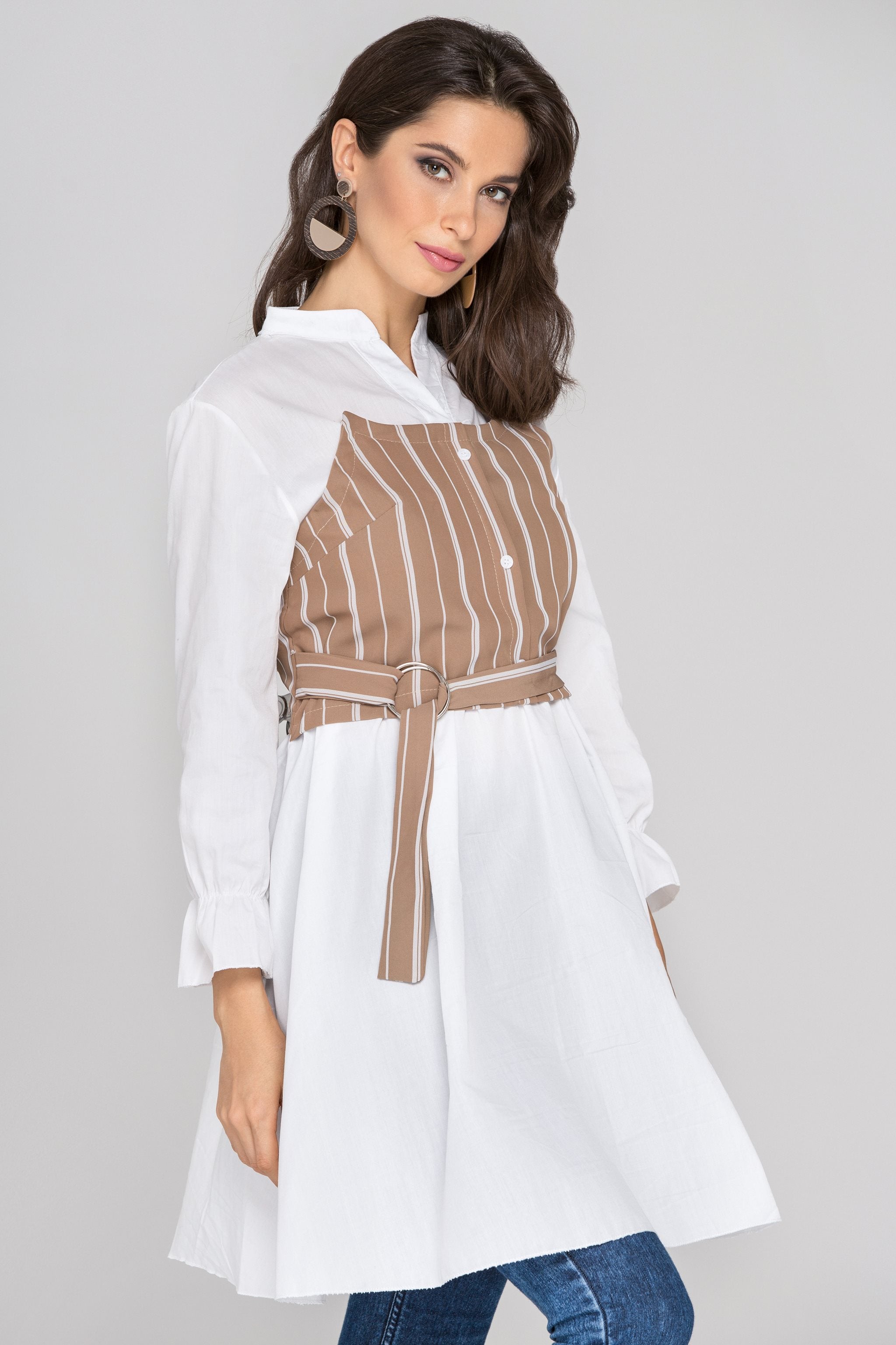 White Sleeved Mocha Pinstripe Panel Midi Dress - ownthelooks-Development White Sleeved Mocha Pinstripe Panel Midi Dress - ownthelooks-Development