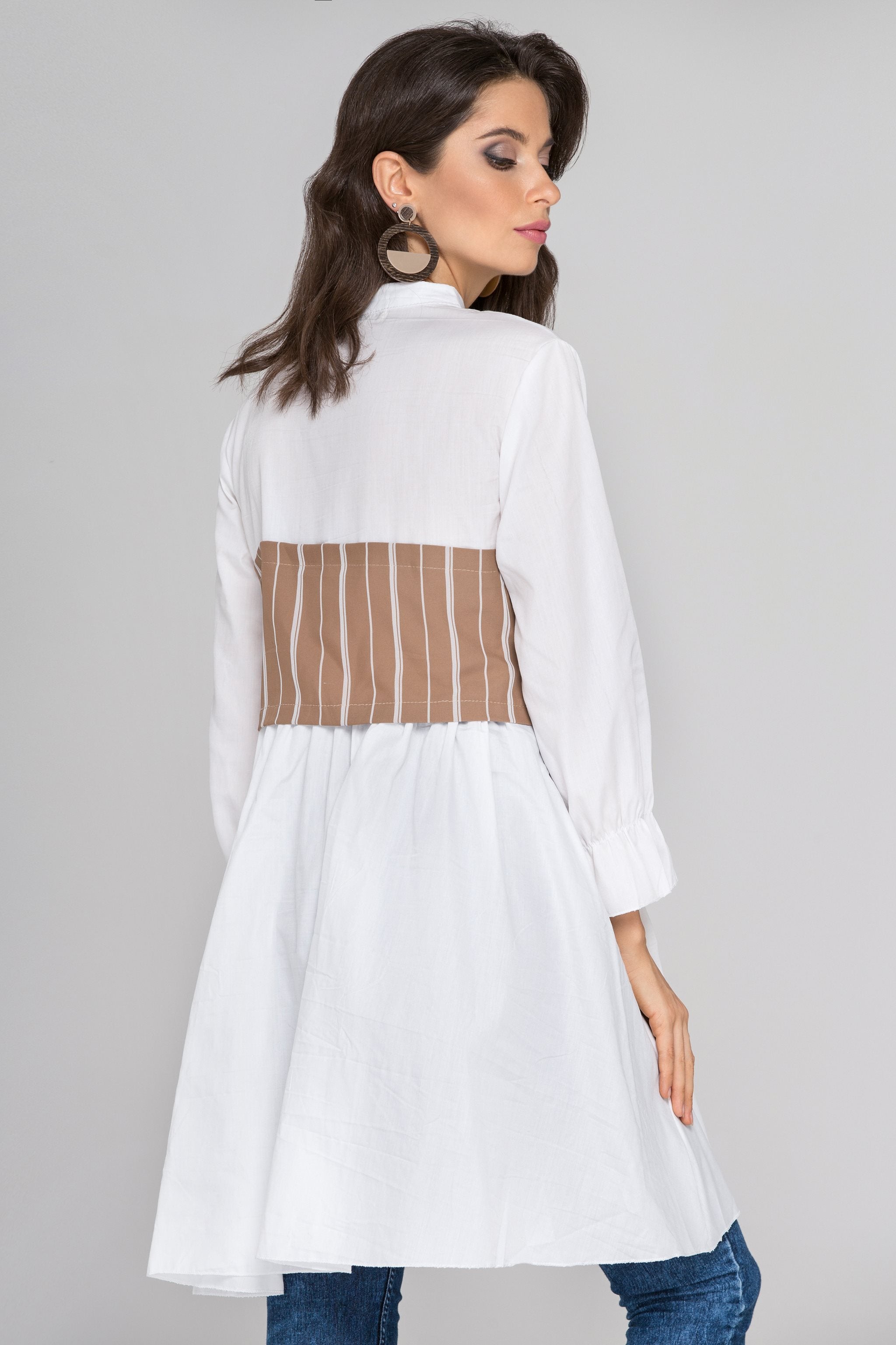 White Sleeved Mocha Pinstripe Panel Midi Dress - ownthelooks-Development White Sleeved Mocha Pinstripe Panel Midi Dress - ownthelooks-Development
