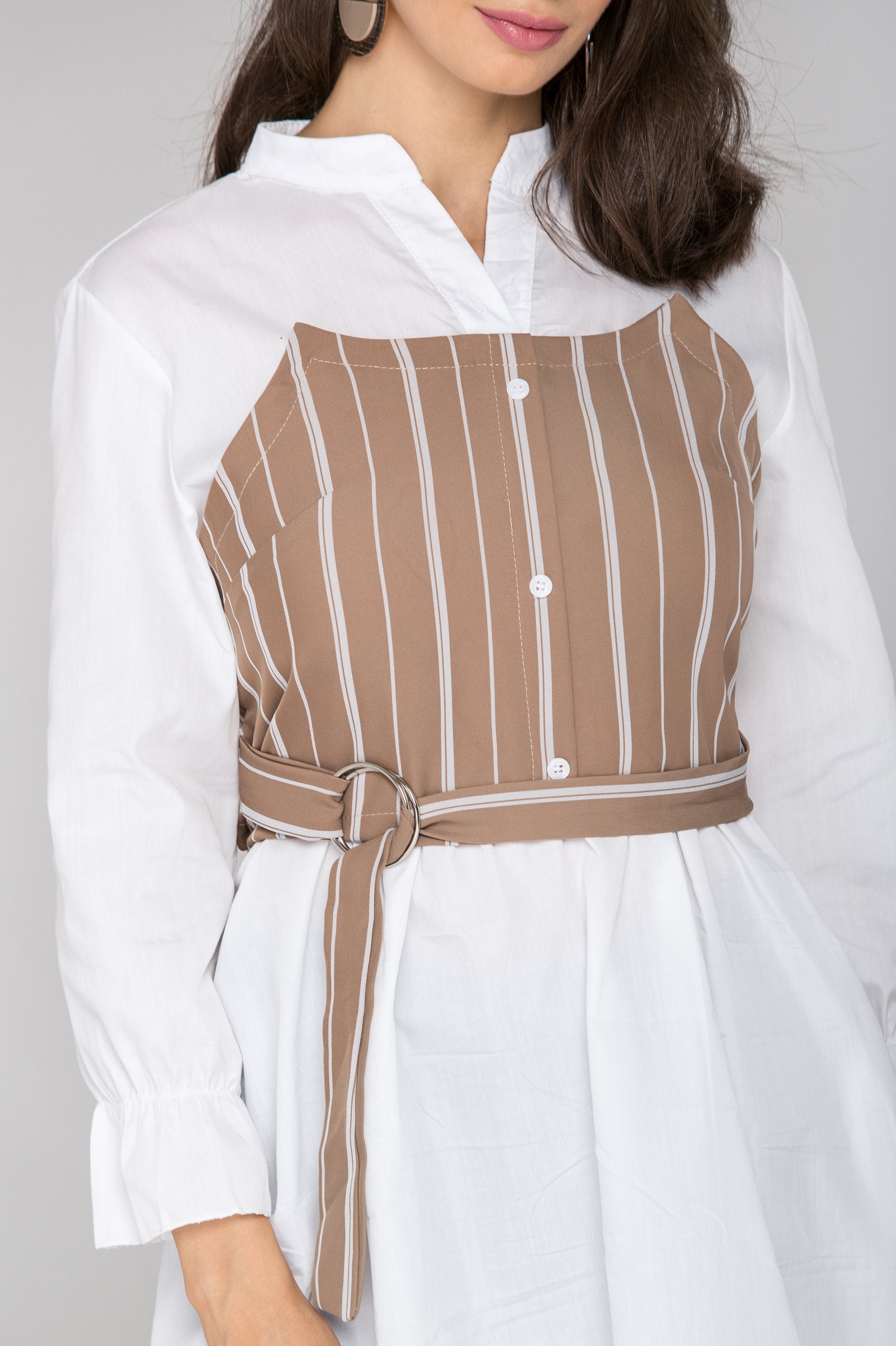 White Sleeved Mocha Pinstripe Panel Midi Dress - ownthelooks-Development White Sleeved Mocha Pinstripe Panel Midi Dress - ownthelooks-Development