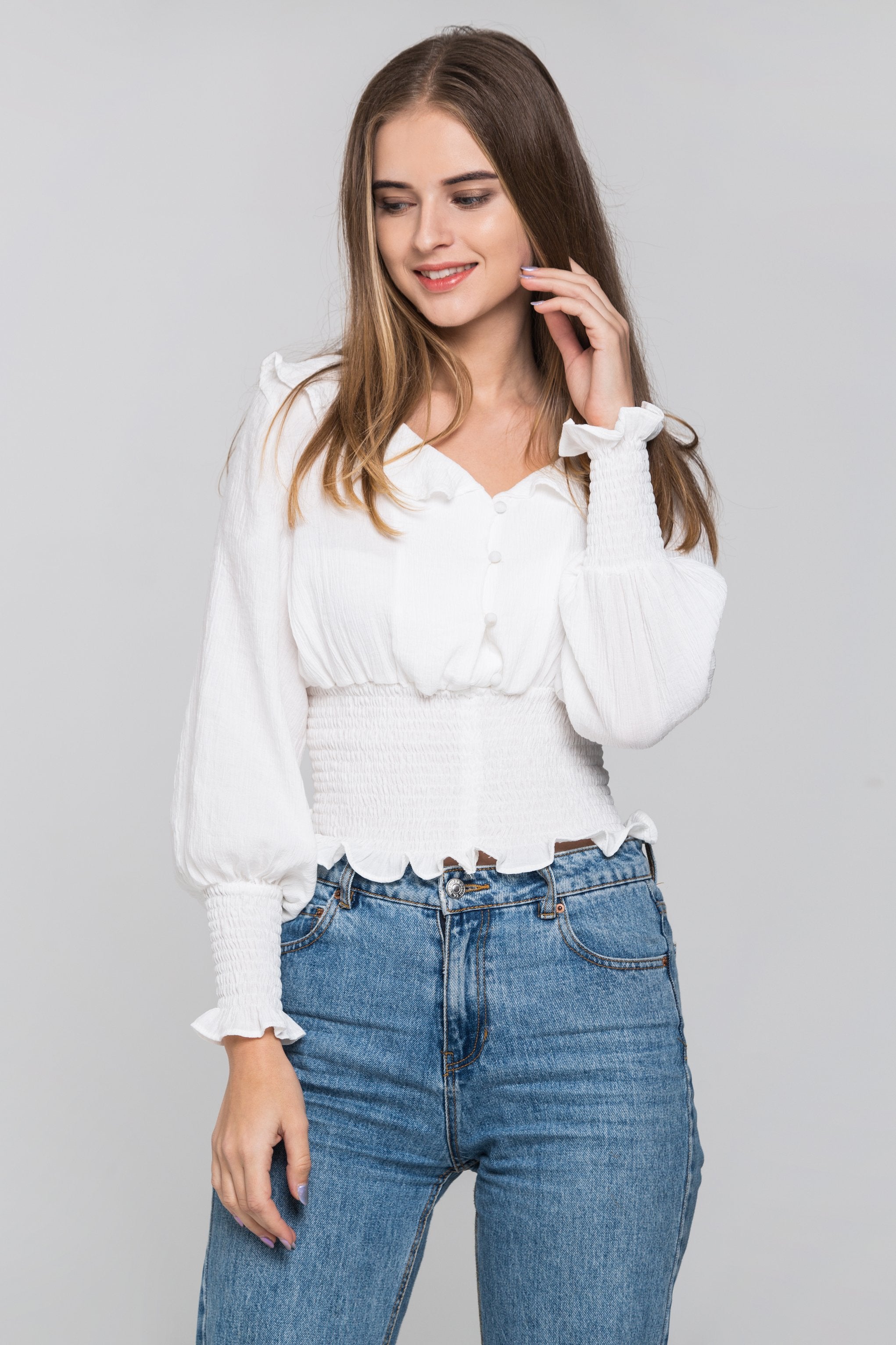 White Smocked Waist Ruffle Collar Blouson Top - ownthelooks-Development White Smocked Waist Ruffle Collar Blouson Top - ownthelooks-Development