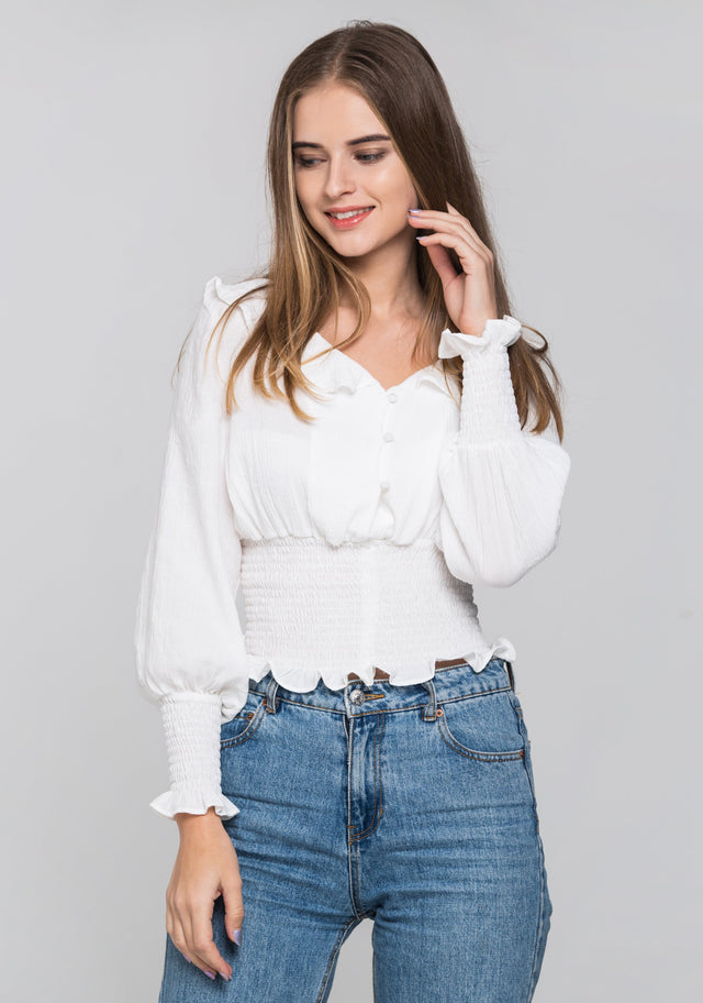 White Smocked Waist Ruffle Collar Blouson Top - ownthelooks-Development