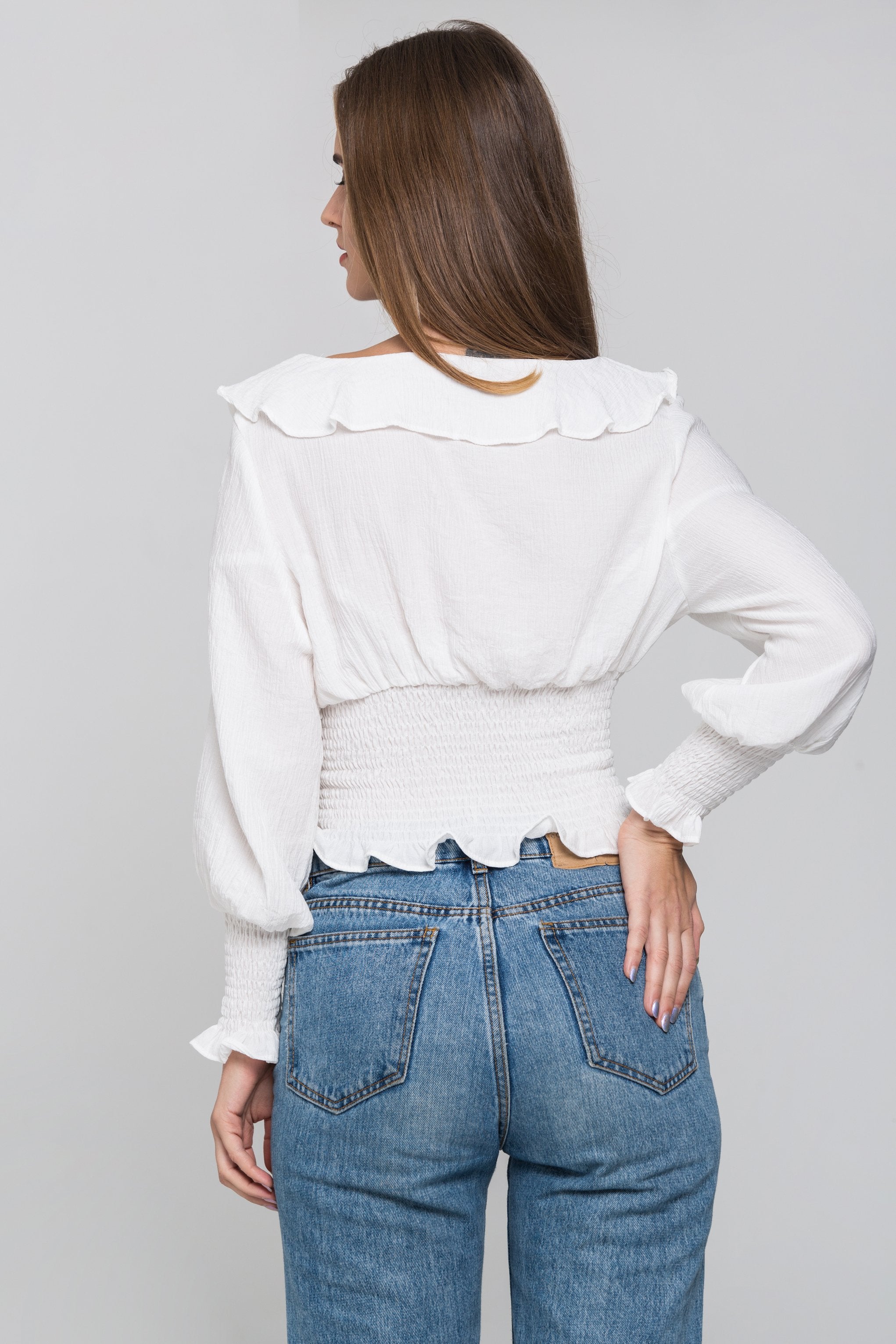 White Smocked Waist Ruffle Collar Blouson Top - ownthelooks-Development White Smocked Waist Ruffle Collar Blouson Top - ownthelooks-Development