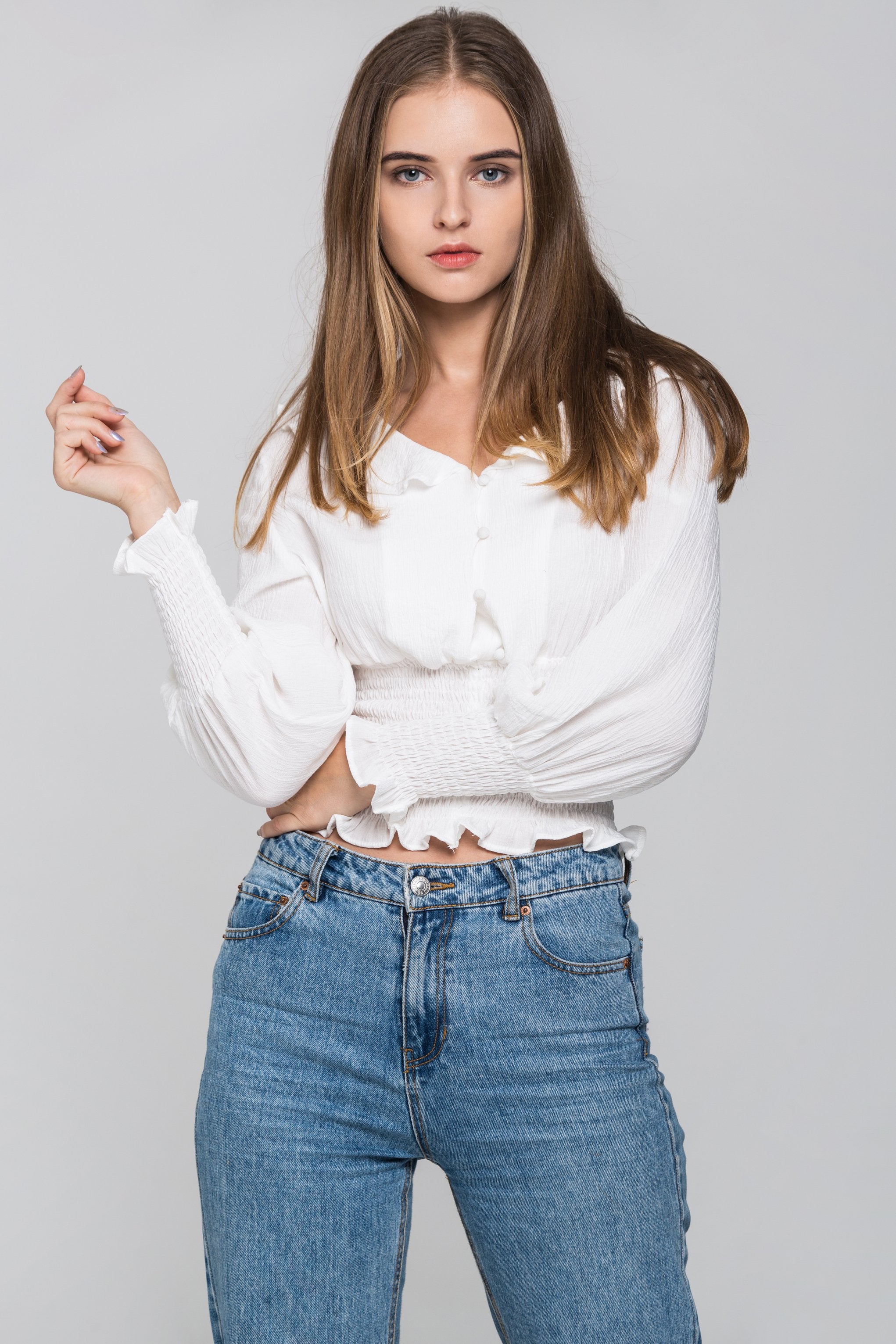 White Smocked Waist Ruffle Collar Blouson Top - ownthelooks-Development White Smocked Waist Ruffle Collar Blouson Top - ownthelooks-Development