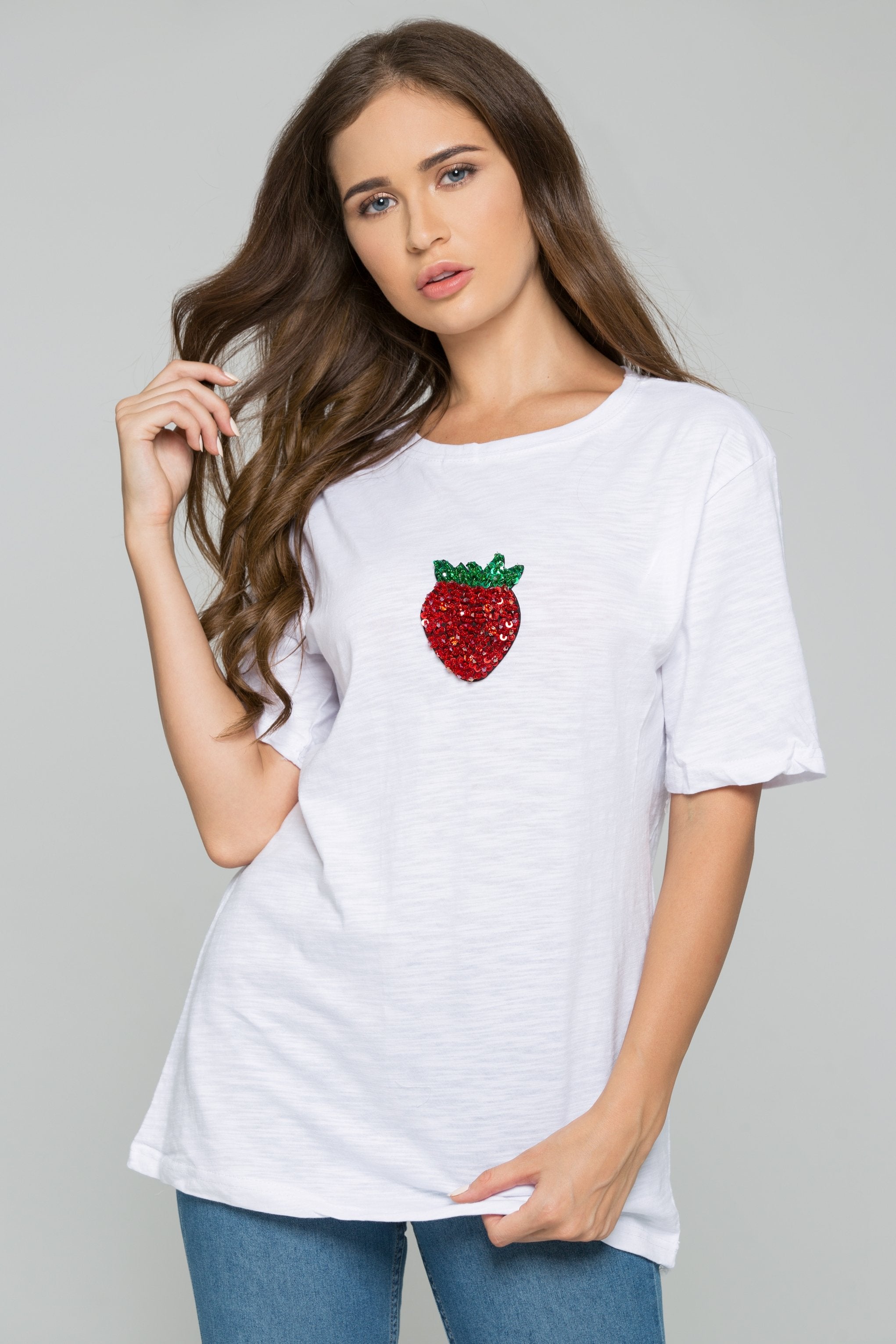 White Strawberry Sequin Short Sleeve Casual Tee - ownthelooks-Development White Strawberry Sequin Short Sleeve Casual Tee - ownthelooks-Development