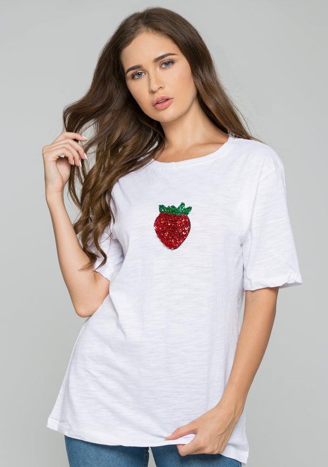 White Strawberry Sequin Short Sleeve Casual Tee - ownthelooks-Development